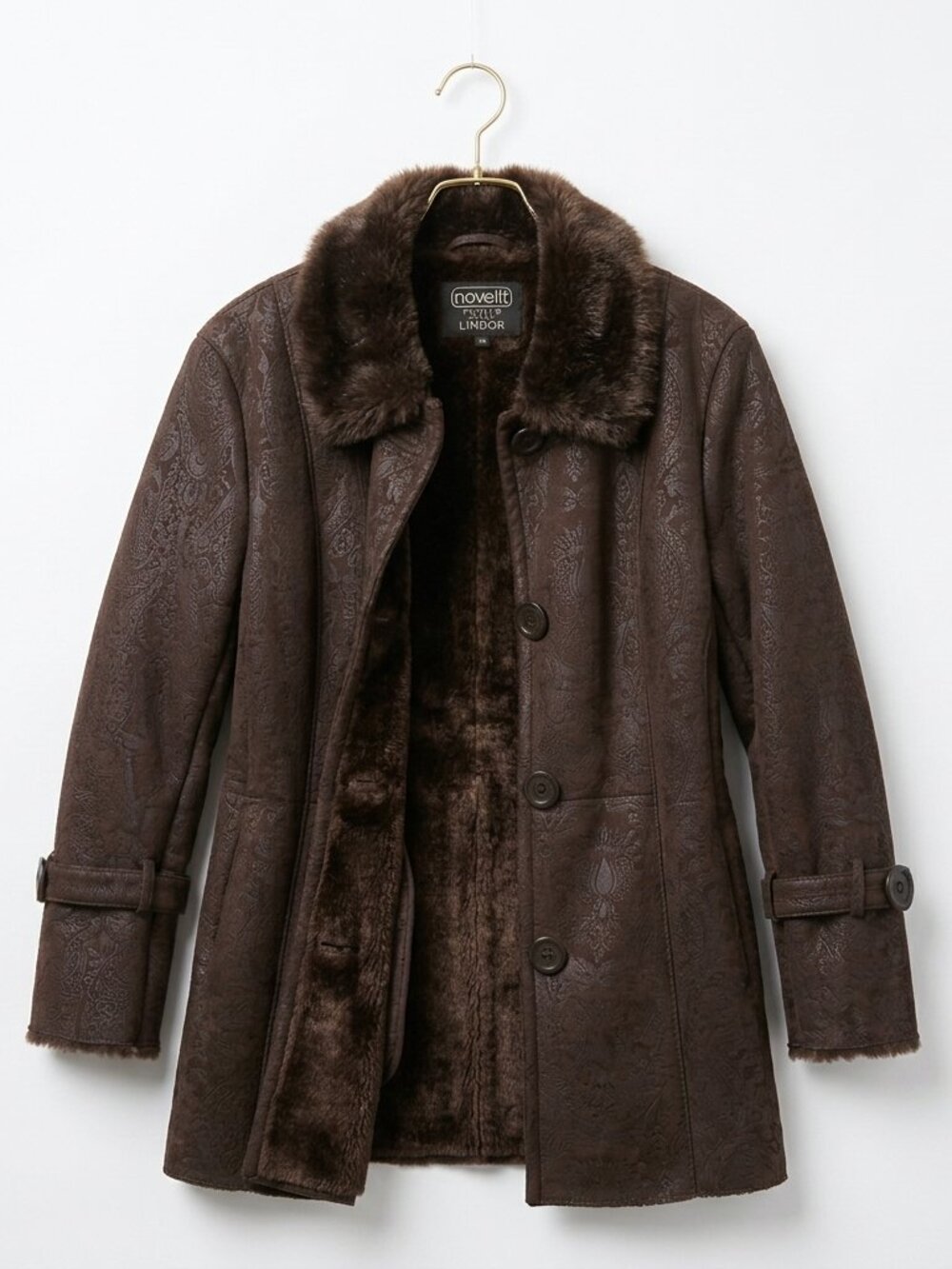 Vintage Novelti for Lindor Brown Faux Suede Shearling Damask Floral Coat Petite